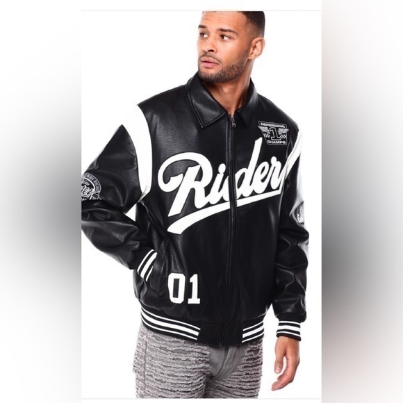 Rebel Minds Rider Varsity Jacket black  faux leather coat embroidered & patches - Picture 1 of 17